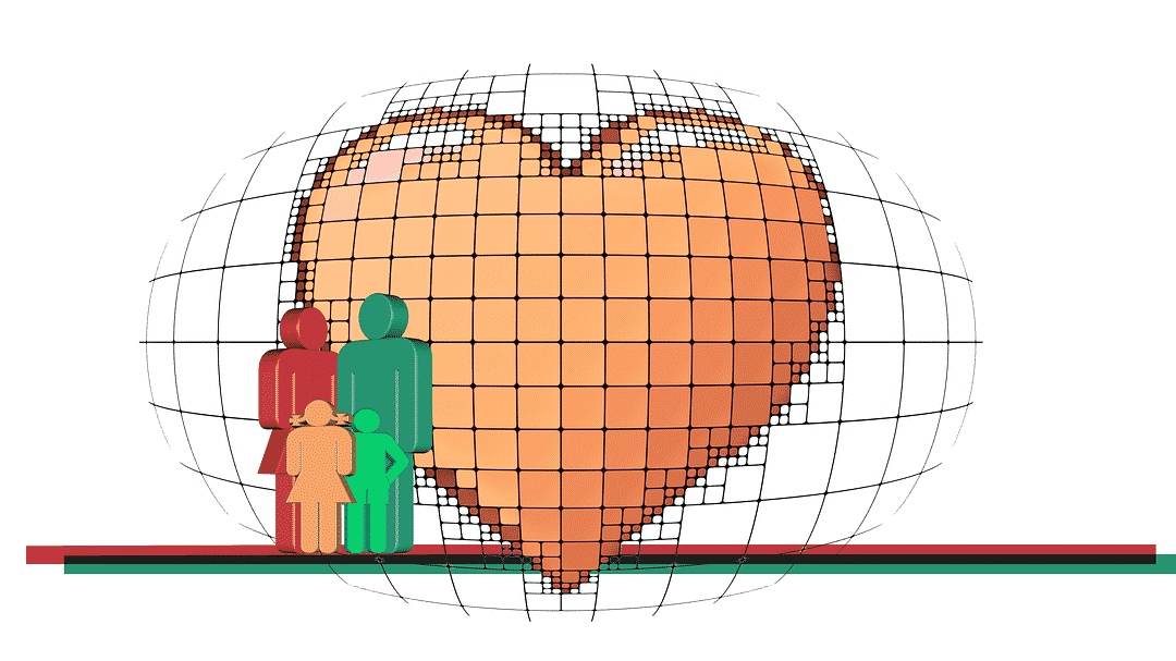 Stick figure family standing next to cartoon heart