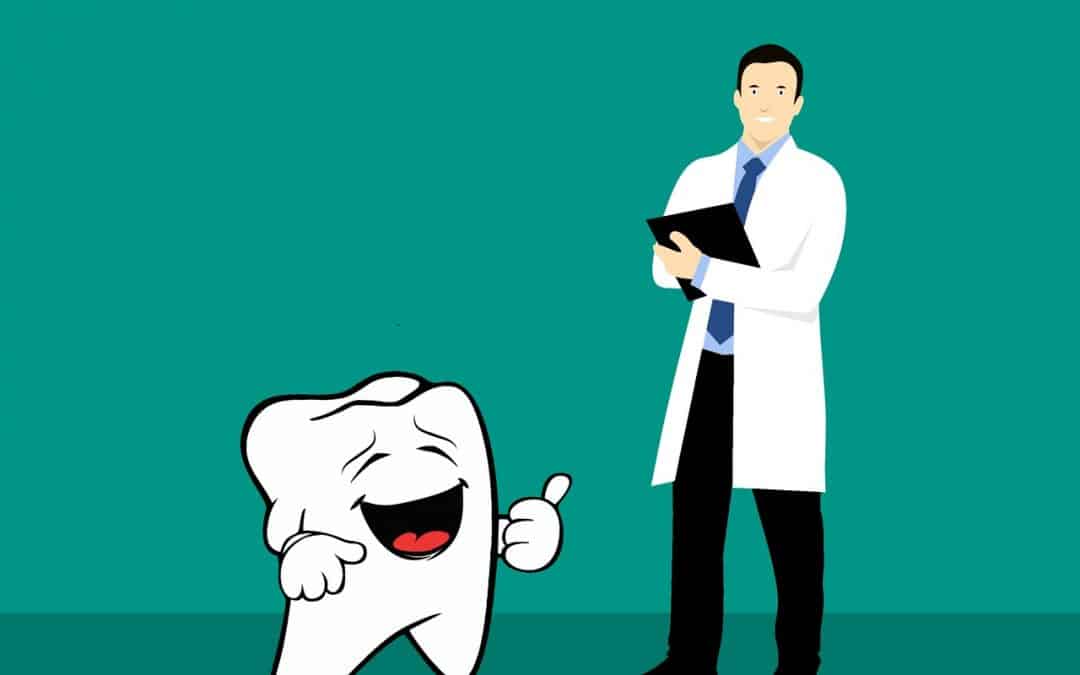 Cartoon dentist writing notes next to giant tooth smiling and giving a thumbs up