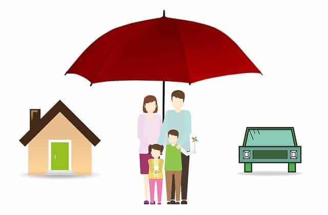 Cartoon family of four underneath a red umbrella next to a home and car