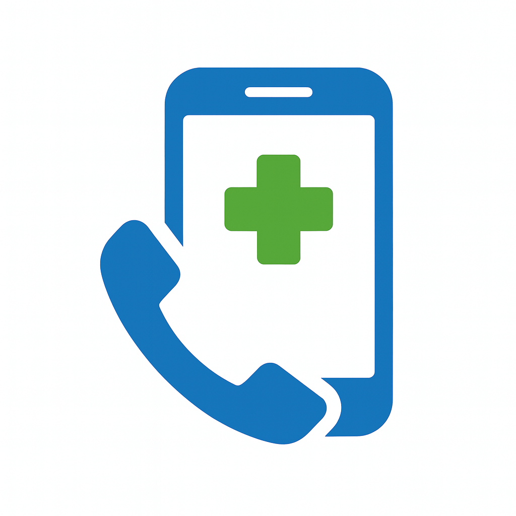 Ambetter Telehealth Cigna telehealth icon featuring a blue smartphone with a green medical cross and a blue phone receiver, representing virtual care and 24/7 access to medical support.