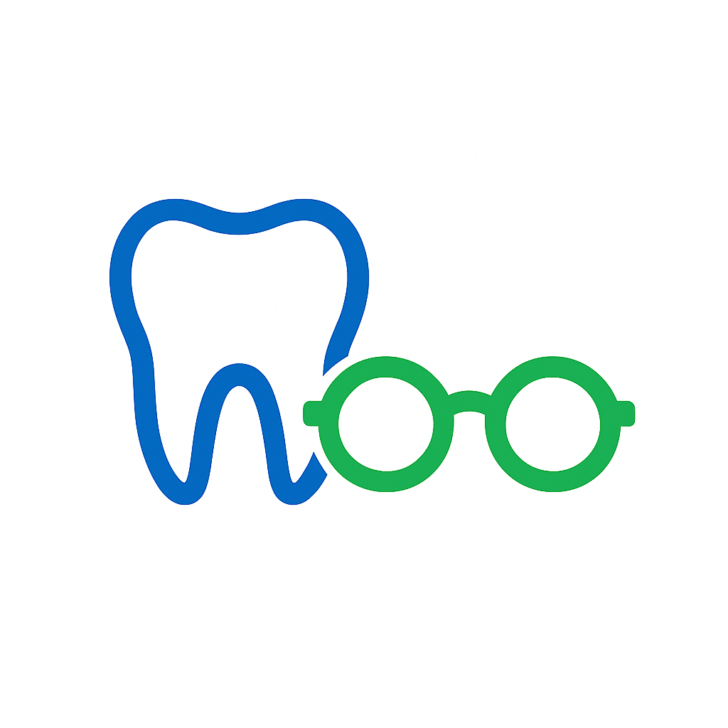 Cigna dental and vision icon featuring a blue tooth outline and green eyeglasses, representing nationwide dental and vision coverage.