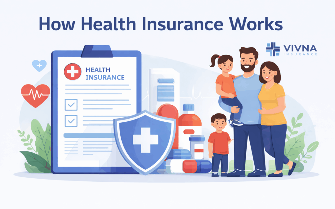 How health insurance works illustration showing a family with medical icons, coverage document, and protection shield