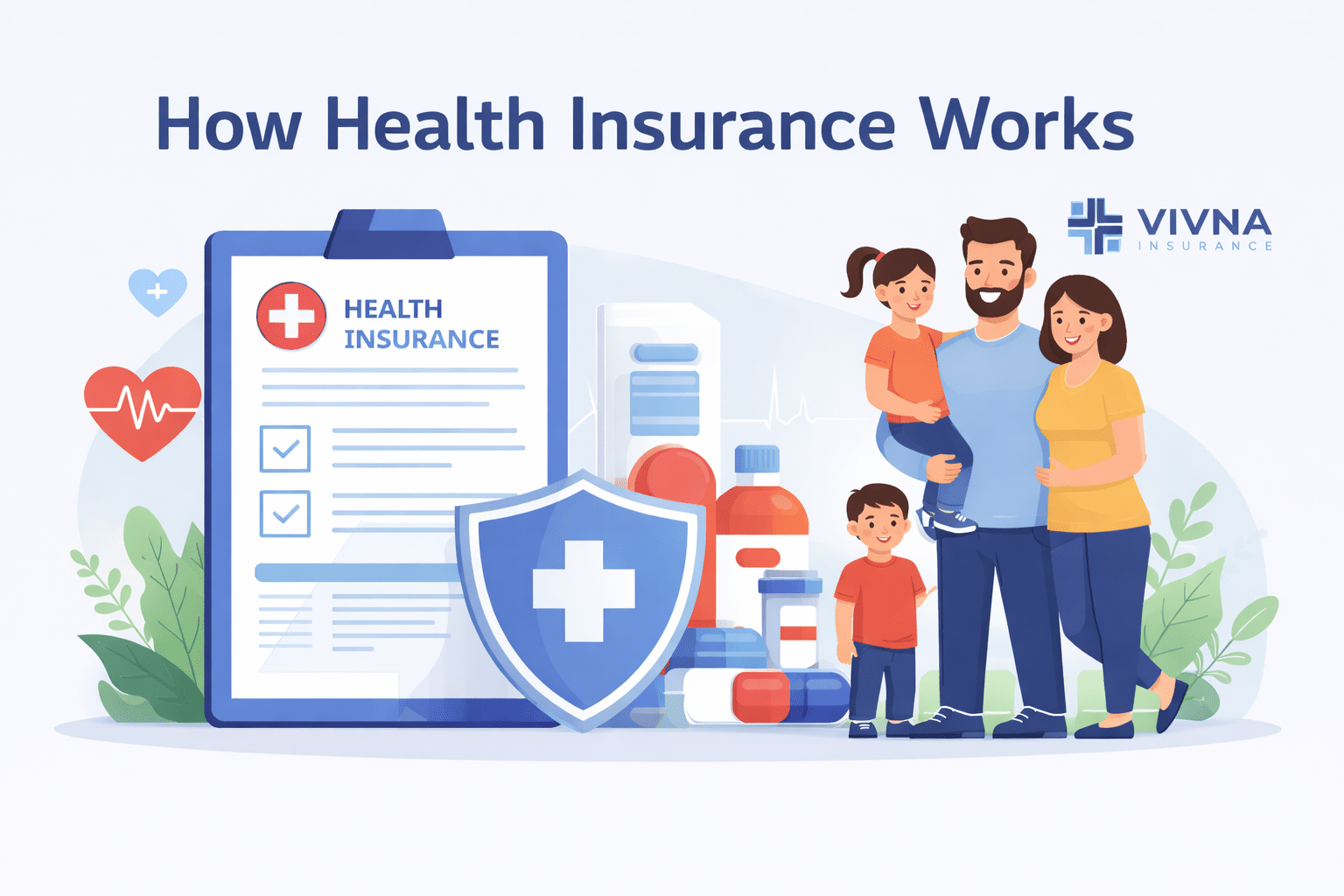 How health insurance works illustration showing a family with medical icons, coverage document, and protection shield