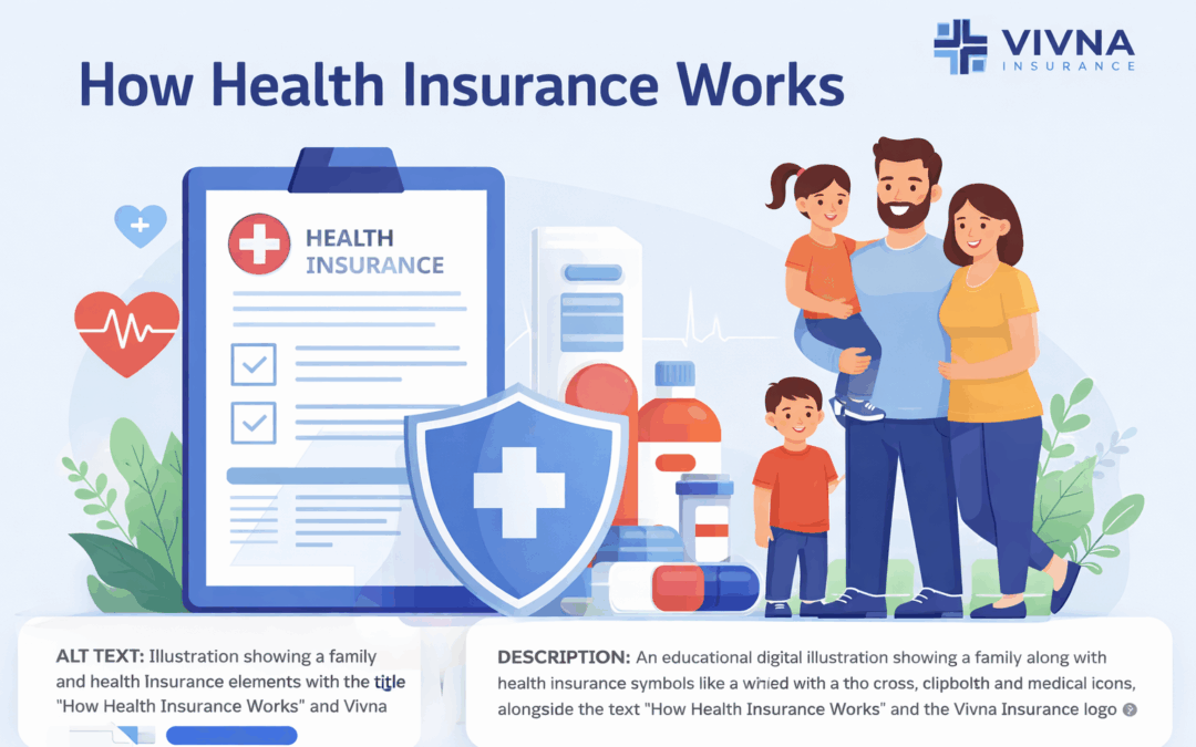 How health insurance works illustration showing a family with medical icons, coverage document, and protection shield