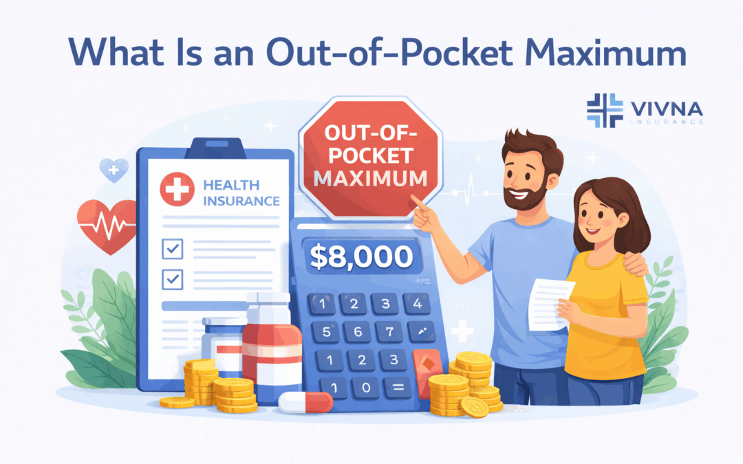What is an out-of-pocket maximum illustration showing a couple, calculator, insurance document, and cost limit symbols