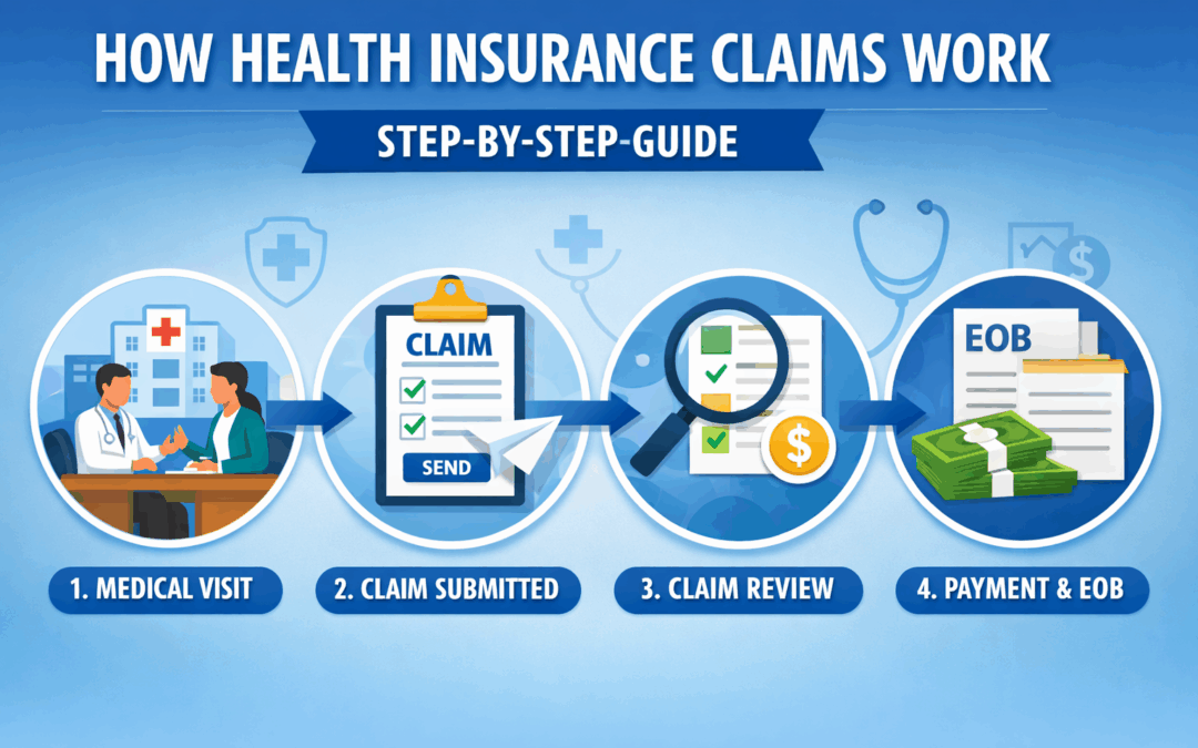 Health insurance claims process infographic showing medical visit, claim submission, review, and payment steps