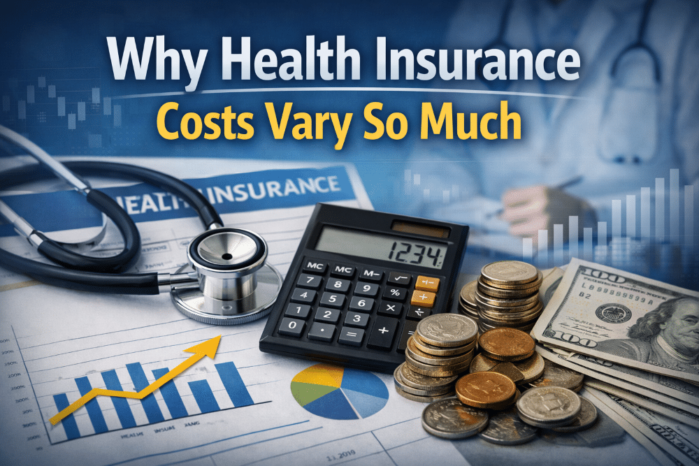 Why health insurance costs vary so much showing a calculator, stethoscope, medical forms, and money representing insurance pricing factors