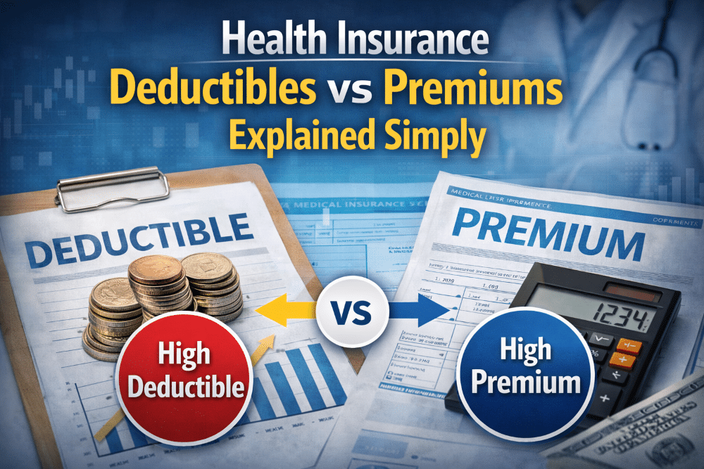 Health insurance deductibles vs premiums comparison showing deductible and premium documents, coins, and a calculator