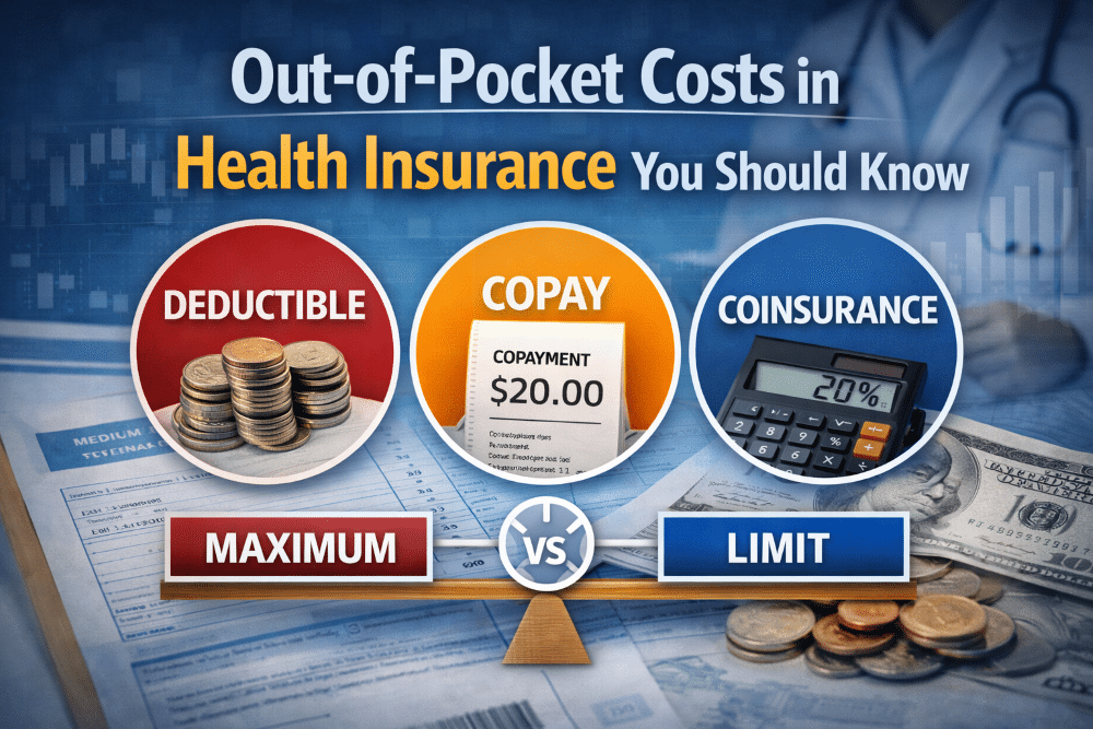 Out-of-pocket health insurance costs showing deductibles, copays, and coinsurance with icons, money, and insurance paperwork