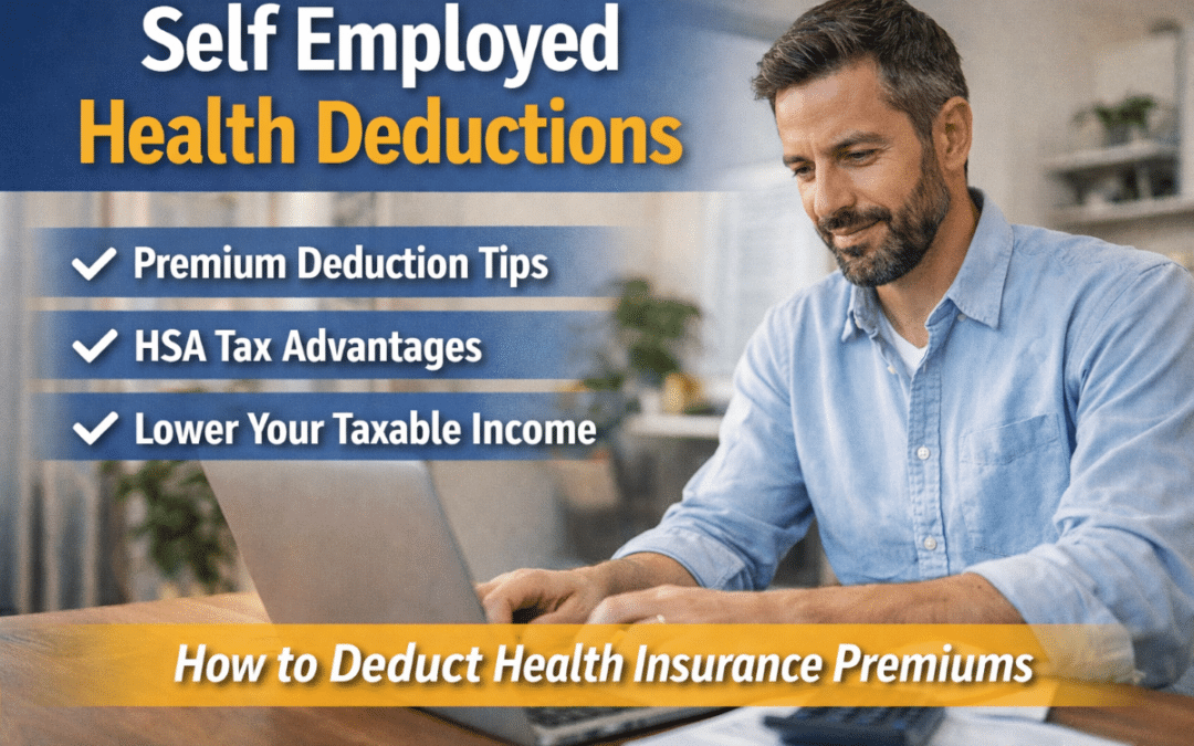Self Employed Health Deductions professional reviewing health insurance premium tax savings on laptop