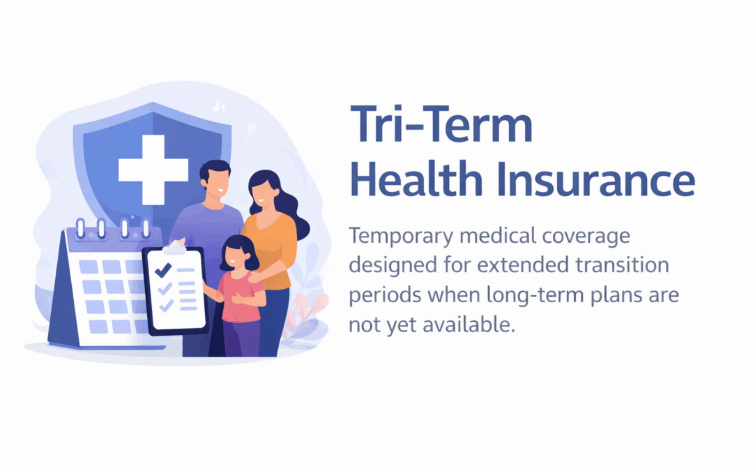 Tri term health insurance illustration showing a family, medical shield, and calendar representing temporary medical coverage during extended transitions