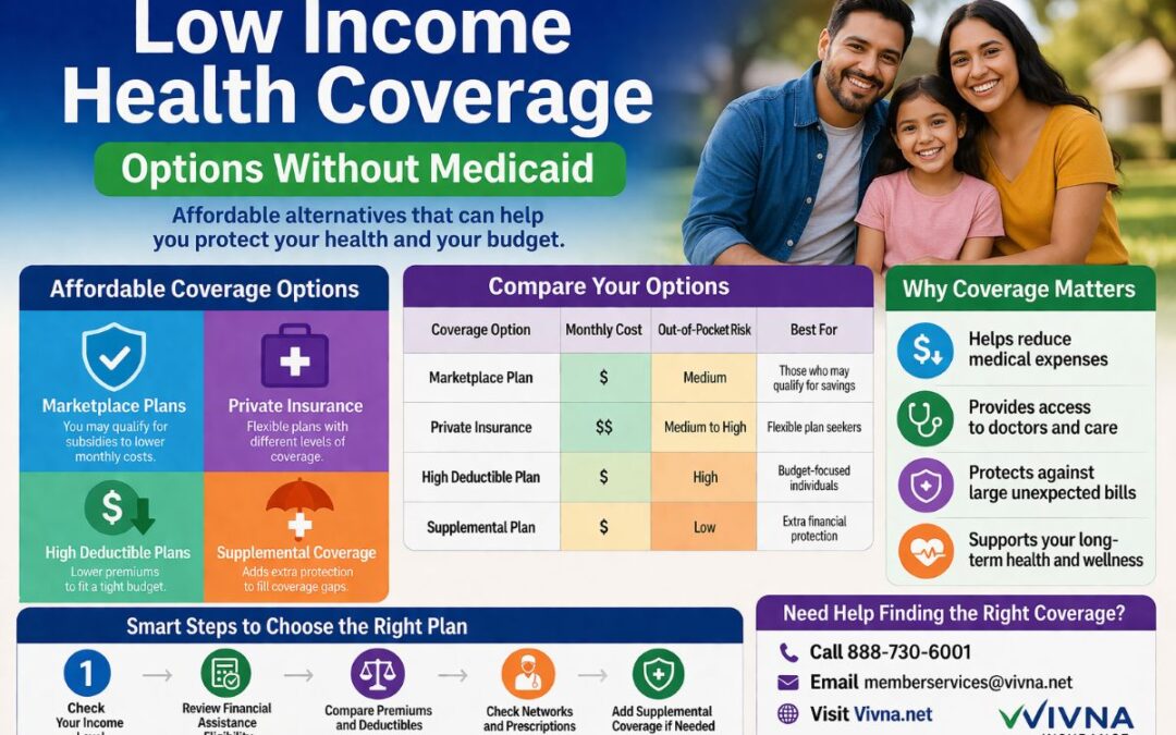 Low Income Health Coverage infographic showing affordable plan options, cost comparison, and coverage choices without Medicaid