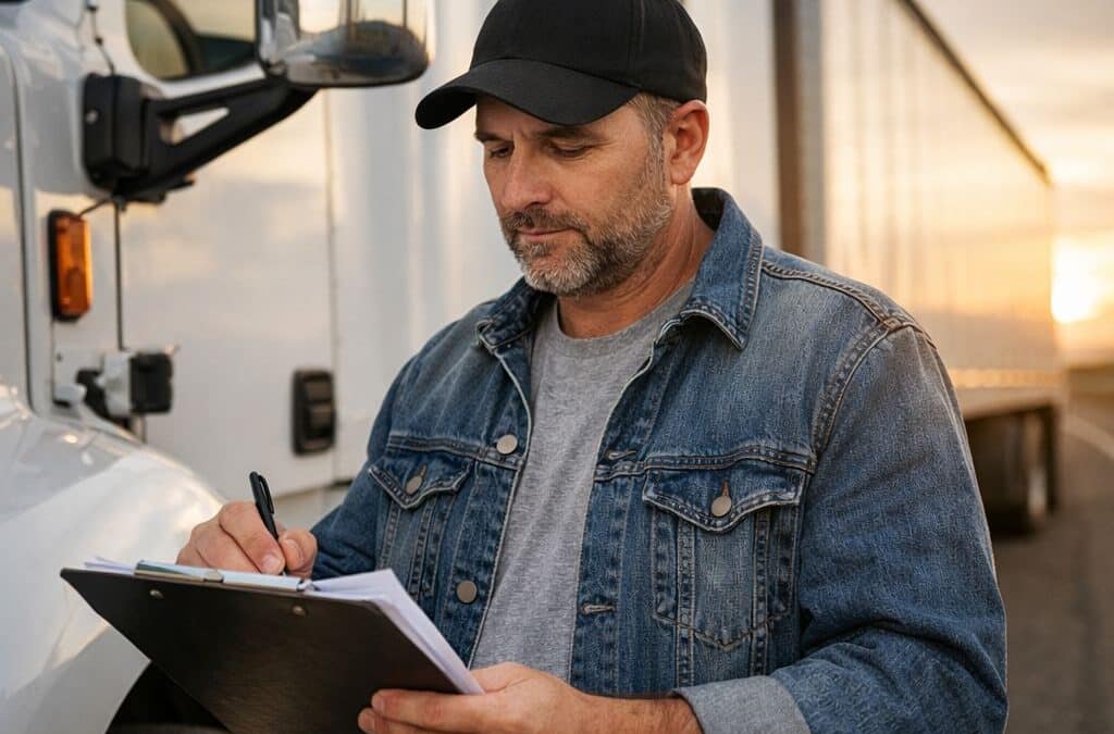 Truck driver reviewing health insurance coverage without employer benefits beside semi truck