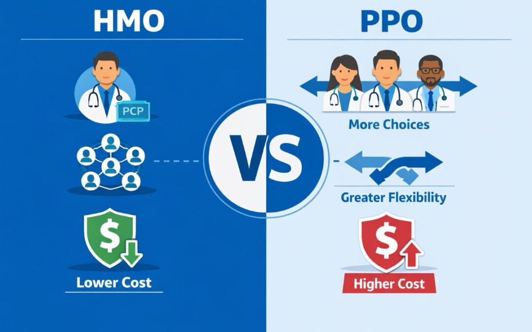 HMO vs PPO plans comparison chart showing cost, flexibility, and provider network differences