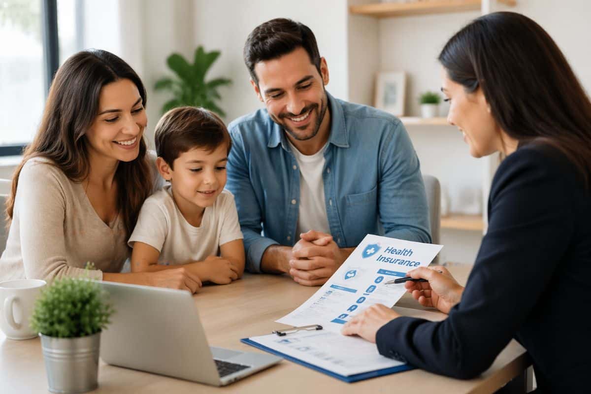 Family meeting with insurance advisor reviewing health insurance plans