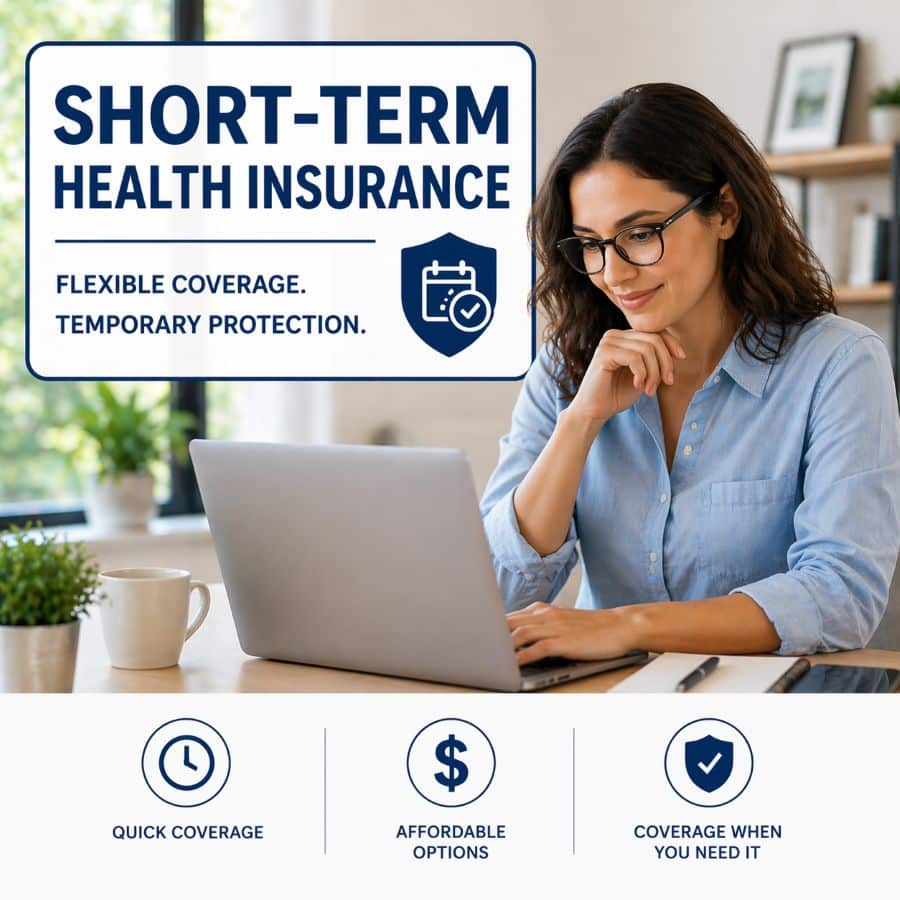 Individual reviewing short-term health insurance options on laptop for temporary coverage