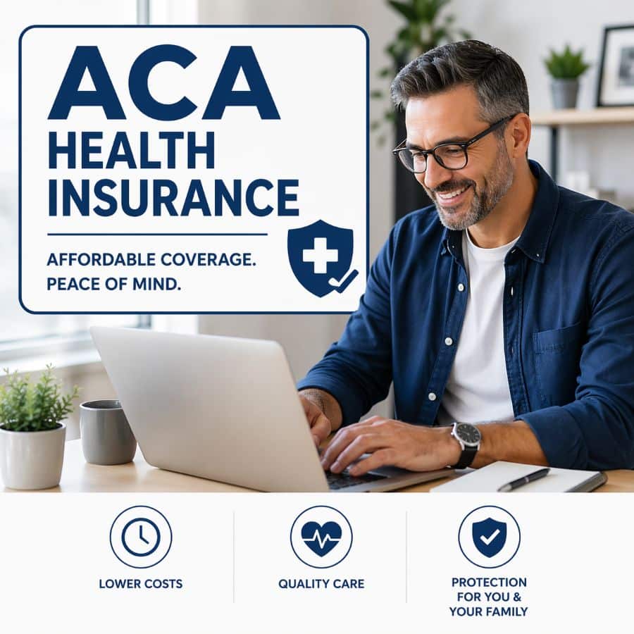 Individual reviewing ACA health insurance options on laptop at home office