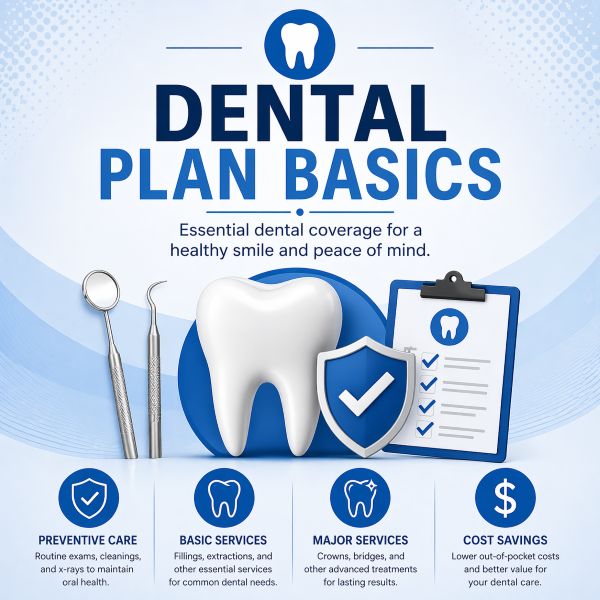 Dental plan basics showing preventive care, basic and major services, and cost savings in dental insurance coverage