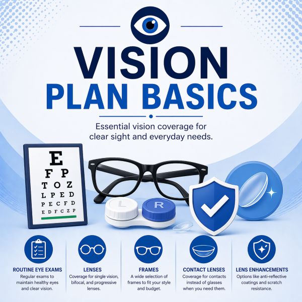 Vision plan basics showing eye exams lenses frames contact lenses and vision insurance coverage benefits