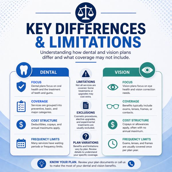 Key differences between dental and vision insurance plans including coverage limits exclusions and cost structure