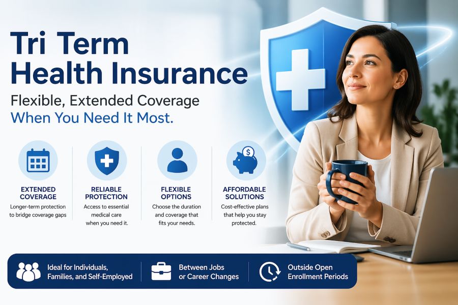 Tri term health insurance plans offering flexible temporary medical coverage for life transitions and coverage gaps
