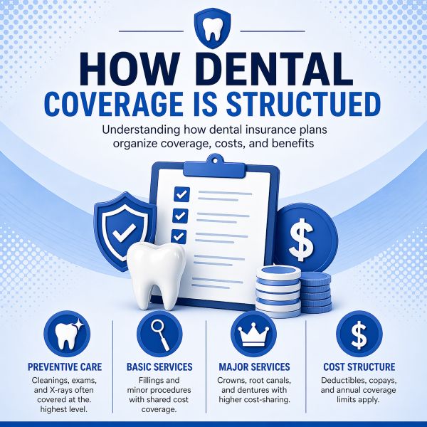 Dental Insurance Plans coverage structure showing preventive care, basic services, major services, and cost structure