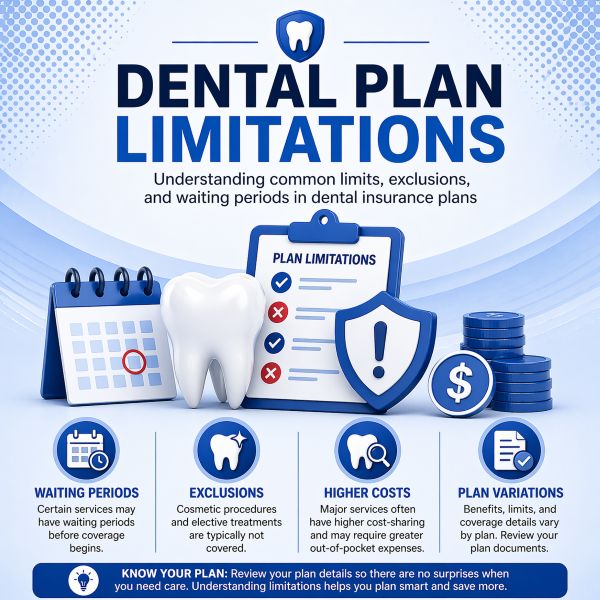 Dental Insurance Plans limitations including waiting periods, exclusions, higher costs, and coverage differences