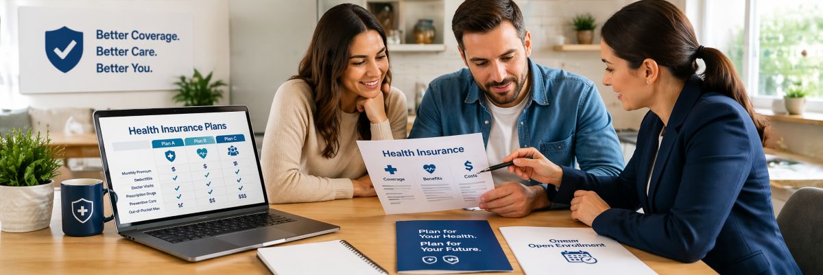 Open Enrollment Health Insurance plan comparison with family reviewing coverage options