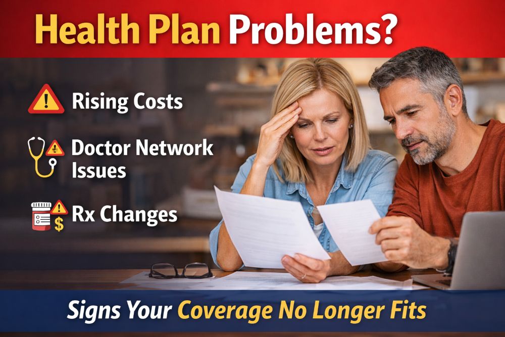 Health plan problems couple reviewing bills showing rising costs doctor network issues and prescription changes