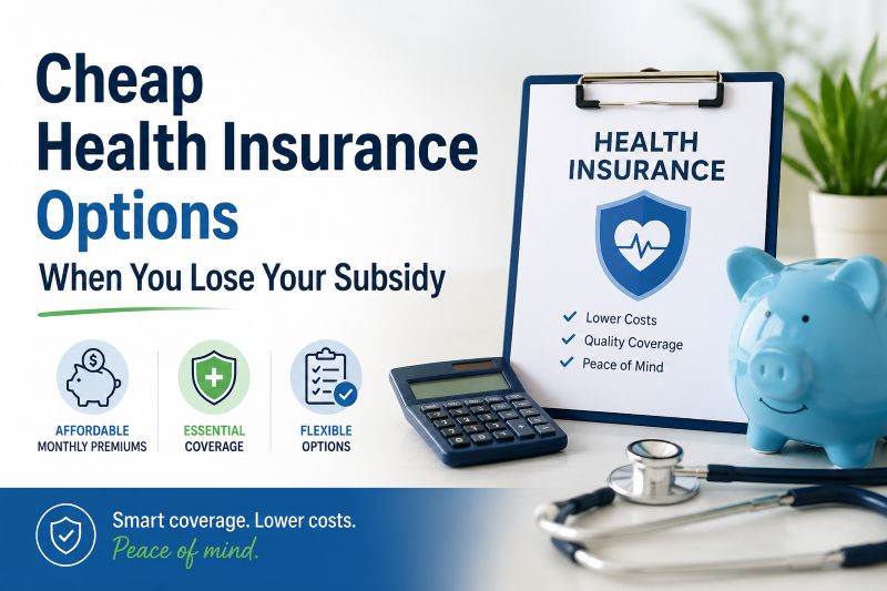 Cheap health insurance options when you lose your subsidy shown with clipboard, calculator, piggy bank, and stethoscope