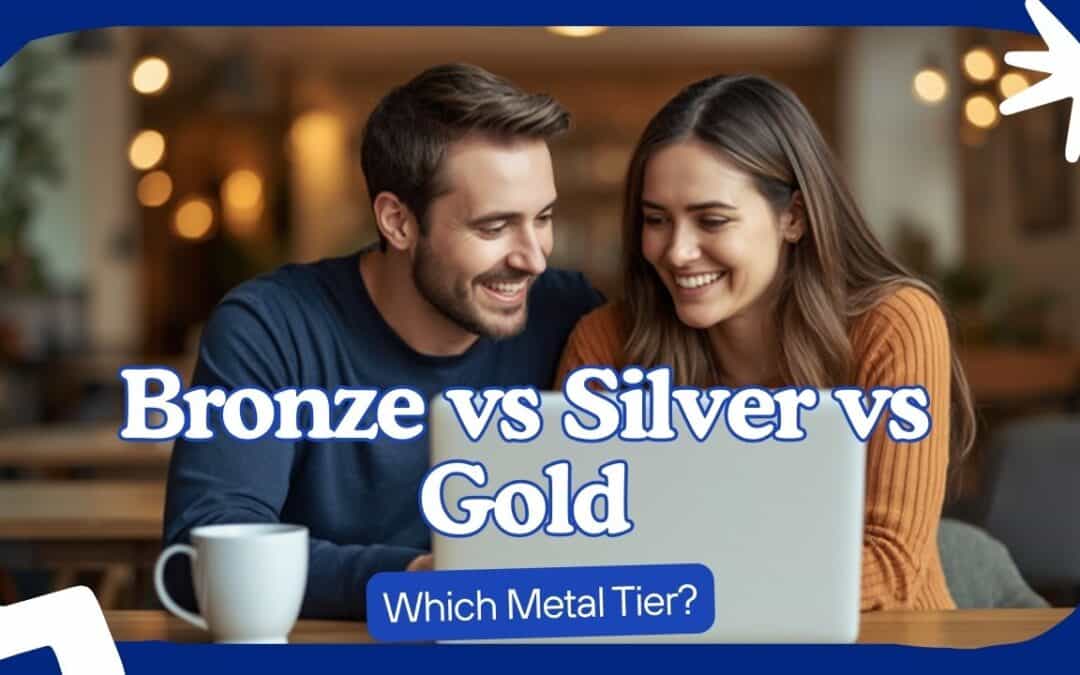Couple comparing bronze vs silver vs gold health plans on a laptop