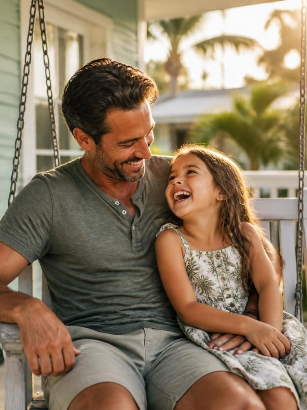 Father and daughter laughing together on a porch swing