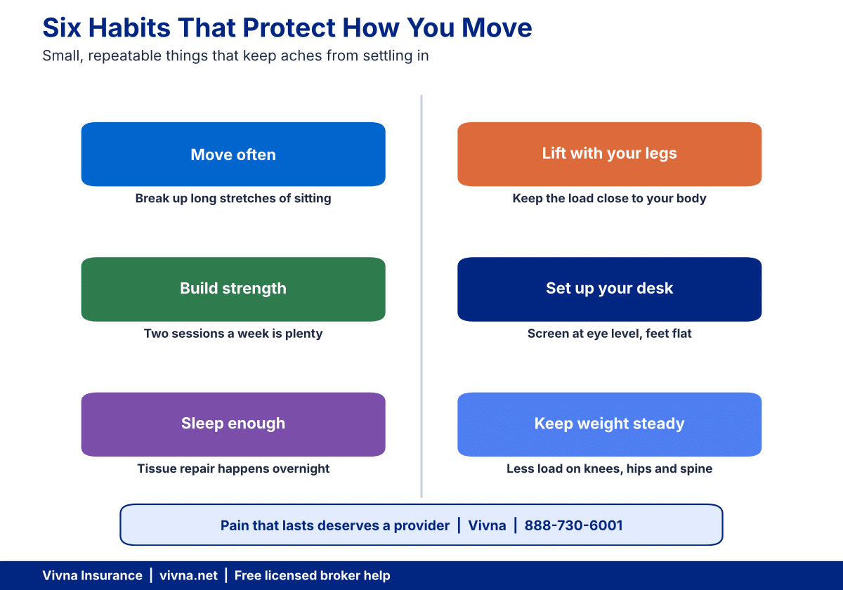 Diagram of six daily habits that protect how your body moves