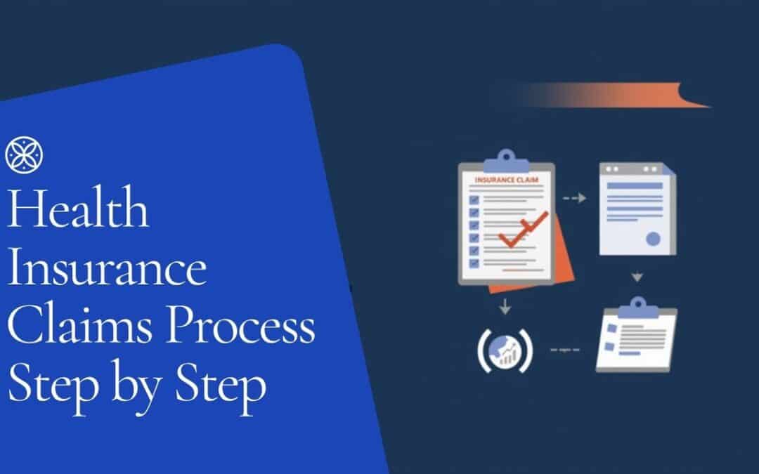 Health insurance claims process illustration with claim form, review and payment steps